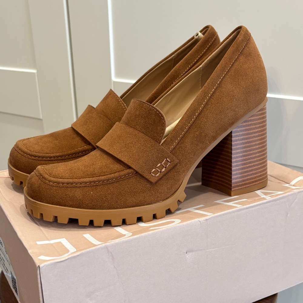 JustFab Women's Tan Suede look Block Heel Loafers